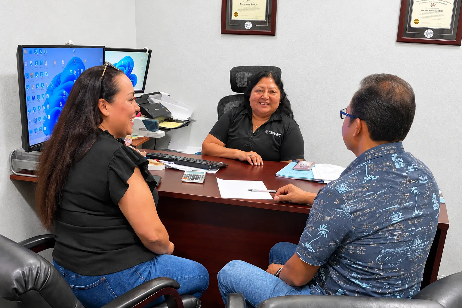 Tax preparer meeting with two visitors at a desk in the J. Nanni Income Tax Service office in Santa Ana.