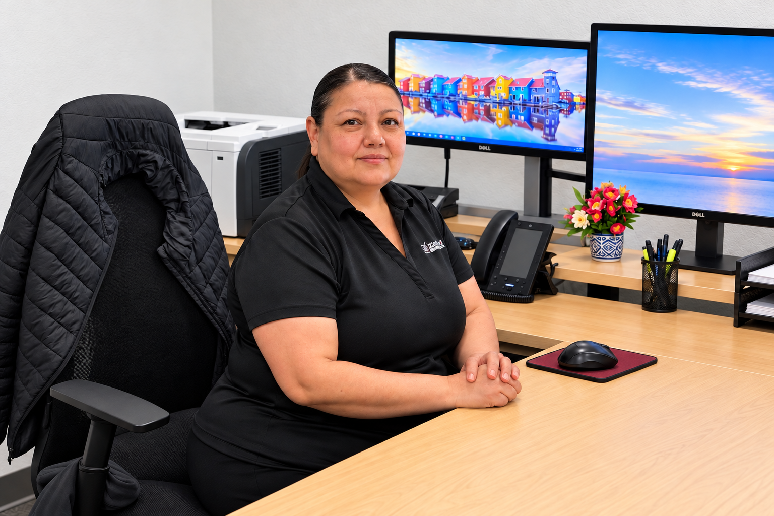 Staff member seated at an organized desk in the J Nanni Income Tax Service office in Santa Ana.